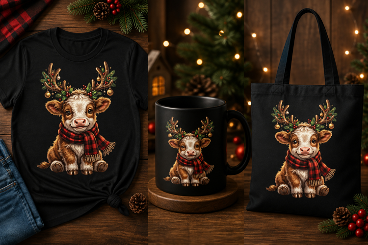 Cute Reindeer Cow PNG Christmas Holiday Clipart Design