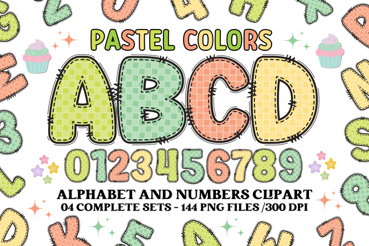 Pastel Patchwork Alphabet & Numbers PNG Clipart Bundle