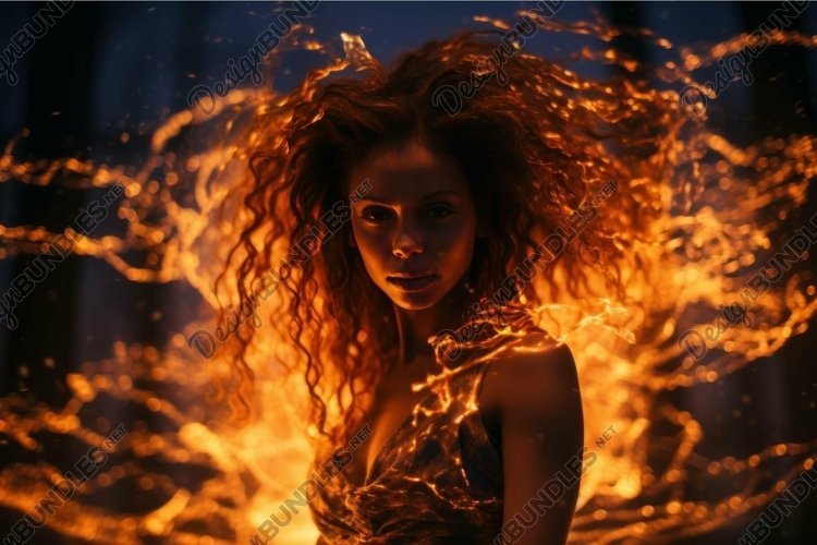 Fiery glow: portrait of a woman with illuminated curls example image 1