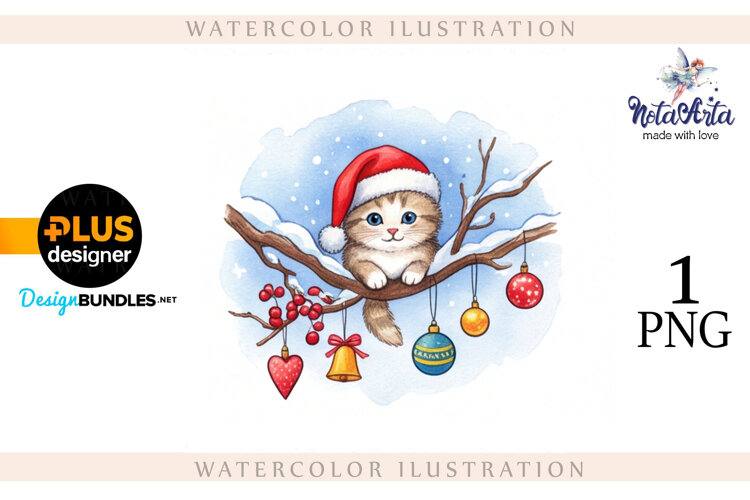 Christmas Kitten in Watercolor Style example image 1