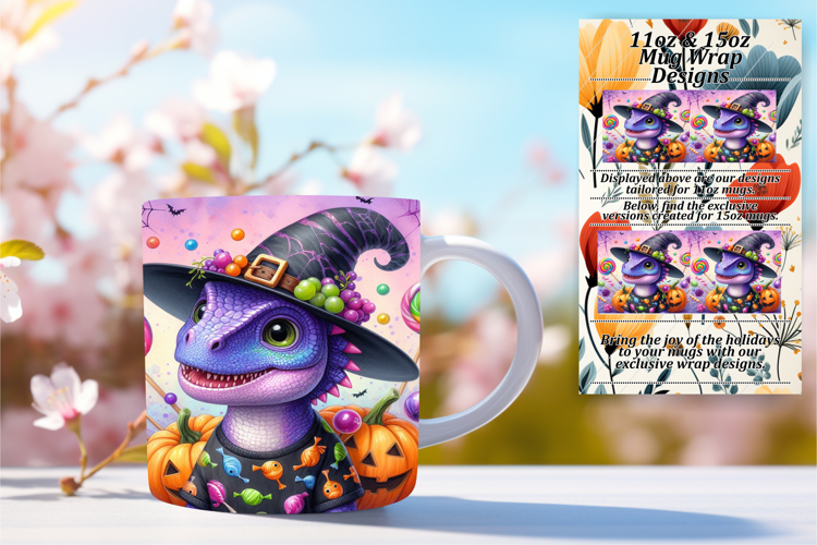 Customized 15oz Mug Wrap Png Design , Halloween Dino