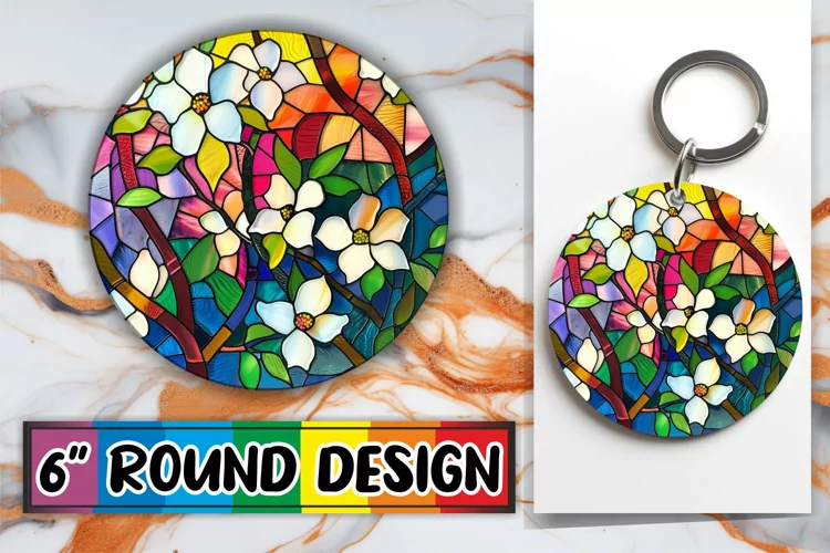 Keychain Colorful Stained Glass Tree Round Design Sublimatio