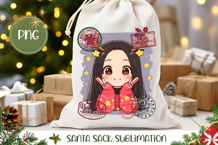 Kawaii Christmas Santa Sack Print, Christmas Gift Bag Design