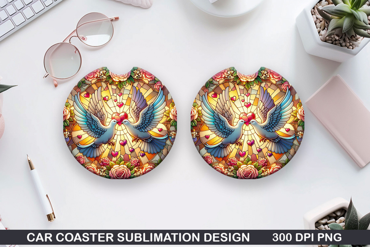 Dove Car Coaster Sublimation, Valentines Coaster PNG Design