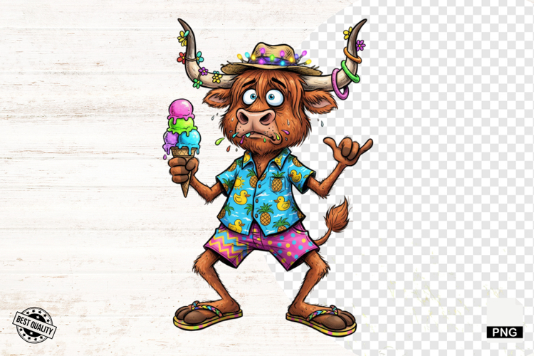 Summer Whimsical Highland Cow Clipart