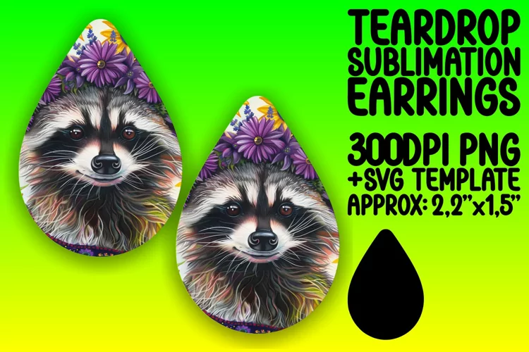 Cheerful Raccoon & Flower Design Teardrop Earrings
