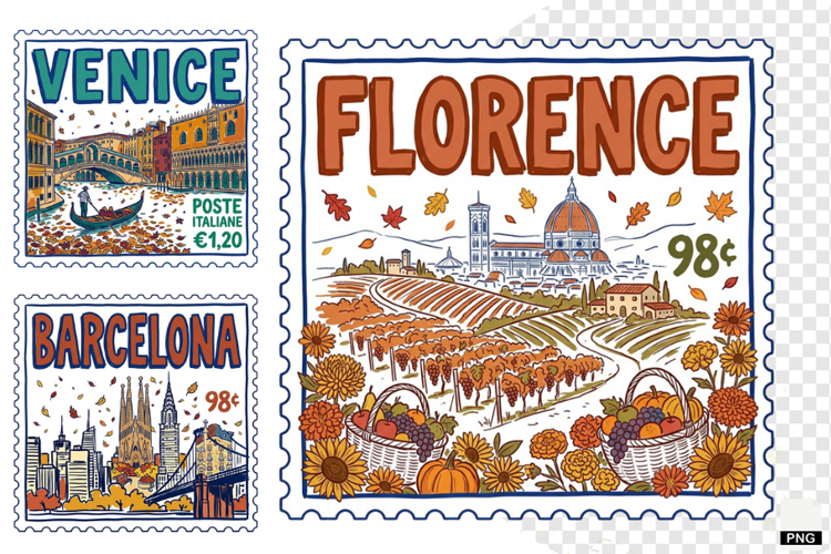 Fall Travel Postage Stamps Clipart