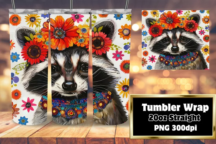Tumbler Wrap: Bright Raccoon with Flower Pattern
