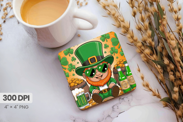 Funny Leprechaun with Beer Square Coaster PNG Sublimation De