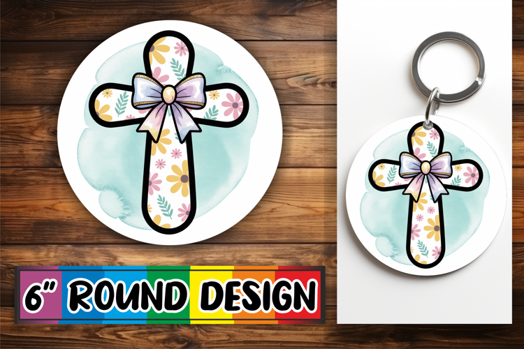 Cozy Circle Car Coaster Sublimation, Cross and Bow