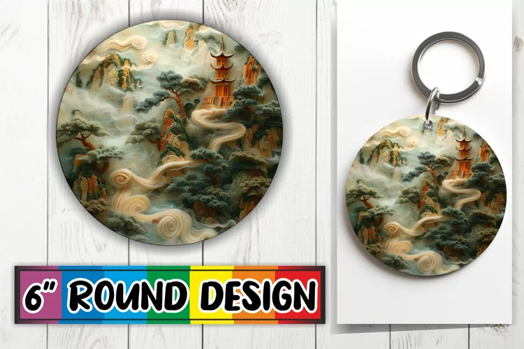 Spring Landscape 3D Sublimation Circle Kaychain Embroidery