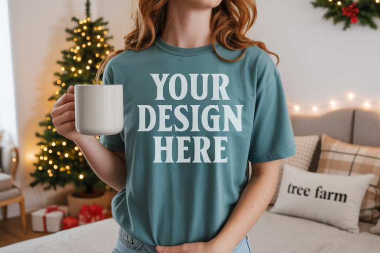Comfort Colors 1717 Blue Spruce Christmas T-Shirt Mockup, Bo