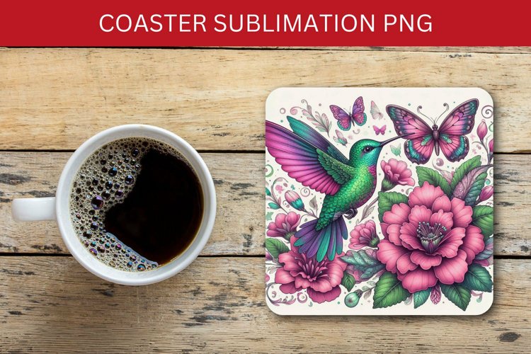 square coaster - floral hummingbird