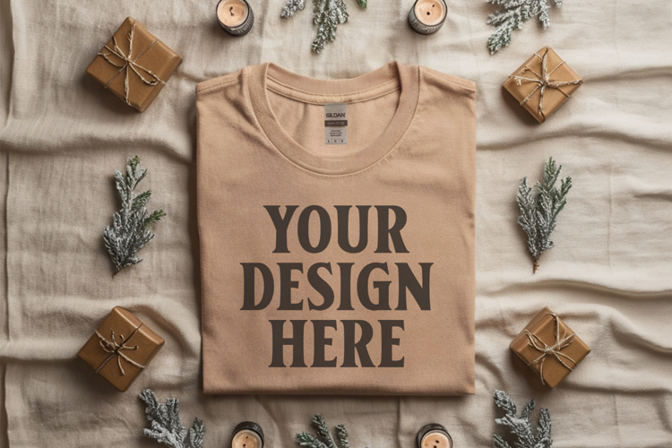 Gildan 5000 Sand Folded Christmas Mockup, G5000 mockup