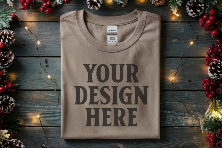 Gildan 64000 Sand Folded Christmas Flat Lay T-shirt