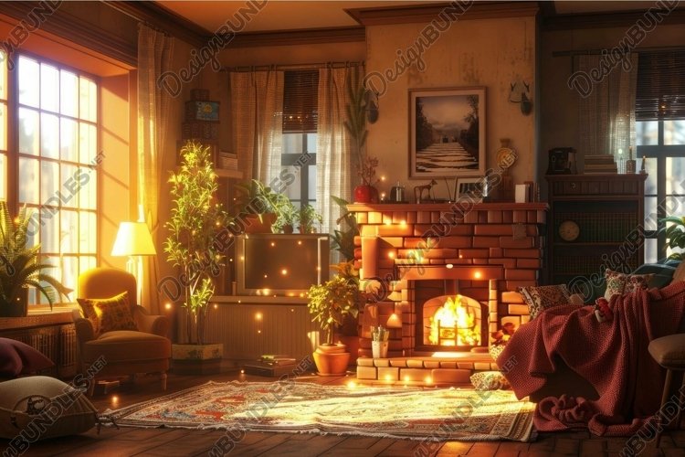 Cozy living room with warm fireplace at sunset