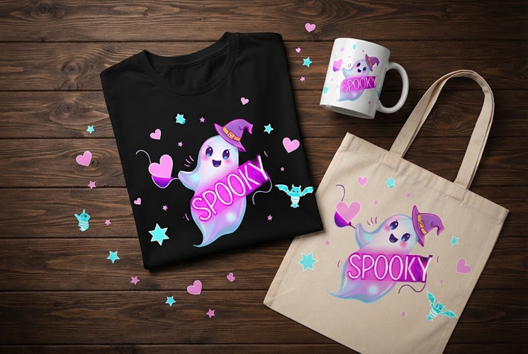 Spooky Cute Ghost Halloween Design with Witch Hat and Hearts