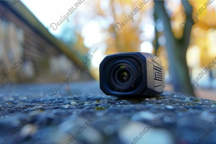 Small action camera standing on stone surface outdoors