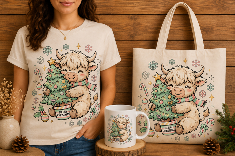 Fluffy Highland Cow Hugging Christmas Tree Holiday Art