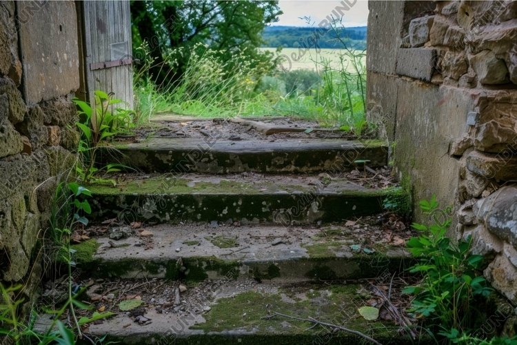 Overgrown stone steps leading out to a lush green landscape,
