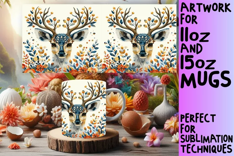 Watercolor Deer Design Mug Wrap for Sublimation
