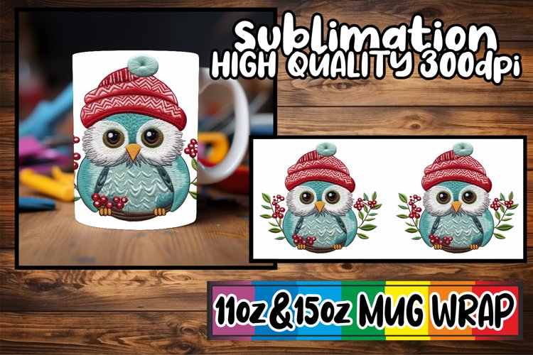 Christmas Owl Mug Wrap 11oz 15oz Holiday Embroidery