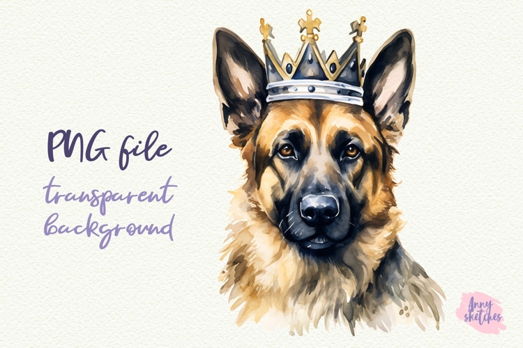 German Shepherd in Crown Watercolor Clipart PNG