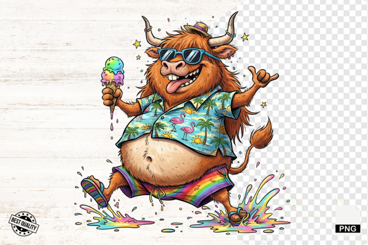 Summer Whimsical Highland Cow Clipart