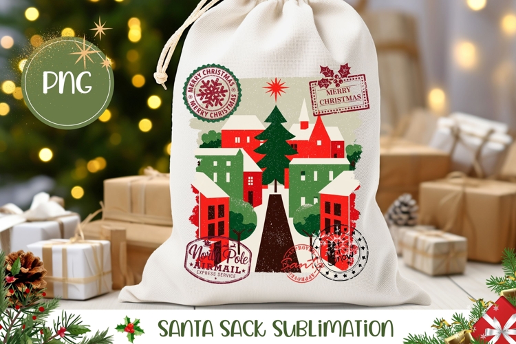Winter Town Santa Sack Design, Christmas Gift Bag PNG