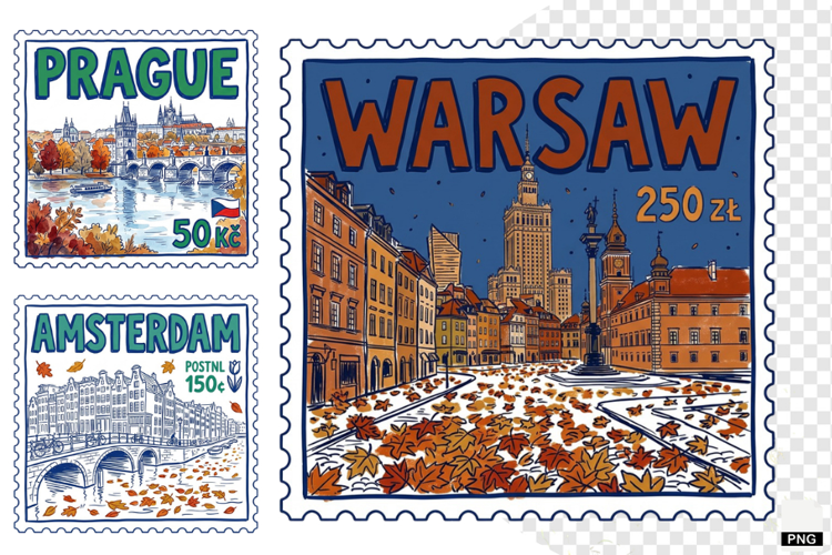 Fall Travel Postage Stamps Clipart