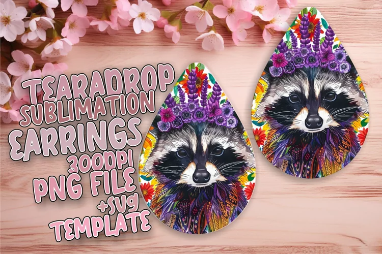 Teardrop Earrings: Bright Raccoon with Flower Pattern