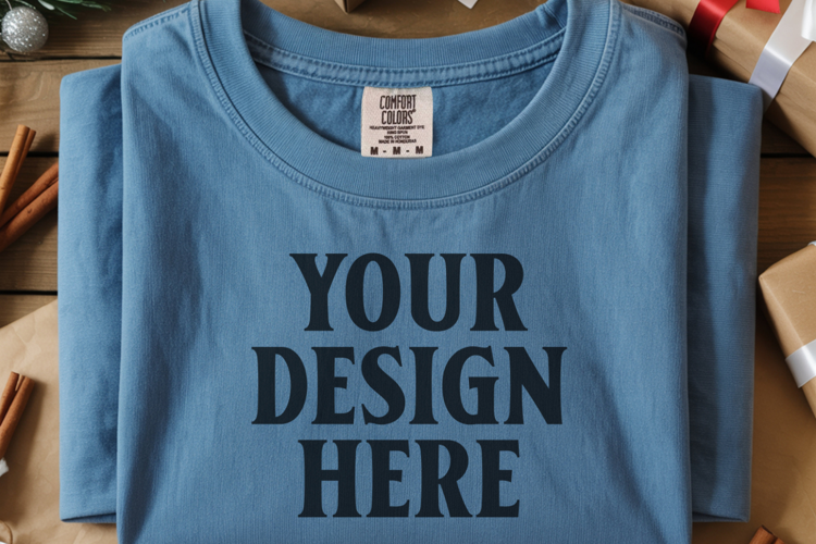 Blue Jean Comfort Colors 1717 Christmas Folded T-Shirt Mock