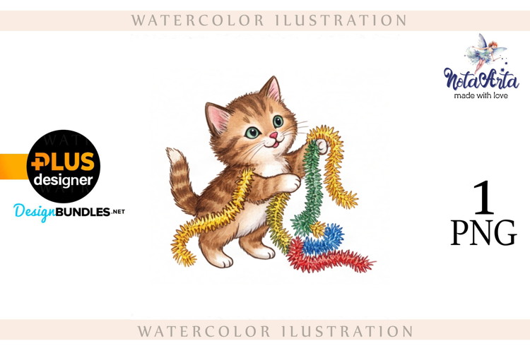 Christmas Kitten in Watercolor Style