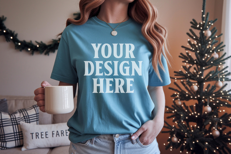 Comfort Colors 1717 Blue Spruce Christmas T-Shirt Mockup, Bo