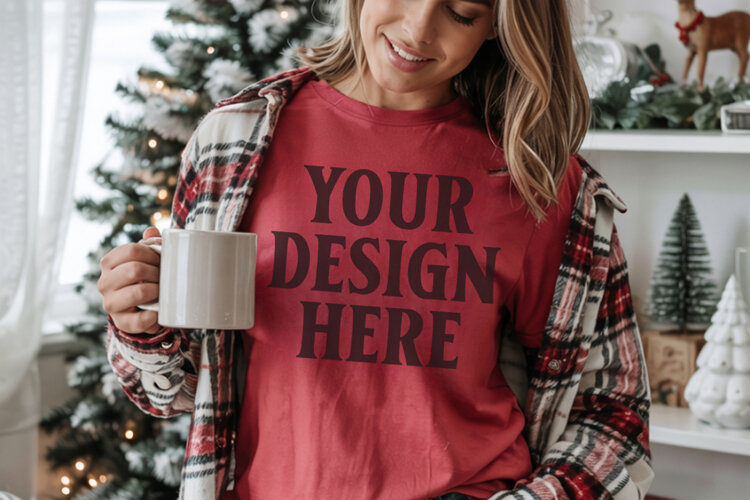 Christmas Comfort Colors 1717 Red T-Shirt Mockup Real Model example image 1