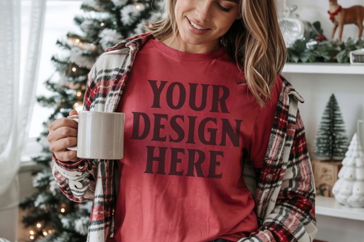 Christmas Comfort Colors 1717 Red T-Shirt Mockup Real Model