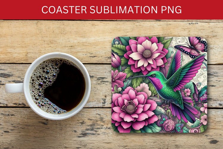 square coaster - floral hummingbird