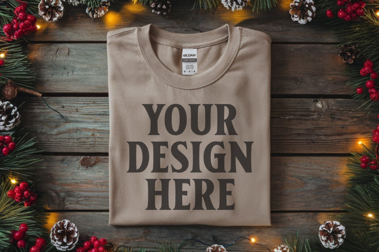Gildan 64000 Sand Folded Christmas Flat Lay T-shirt