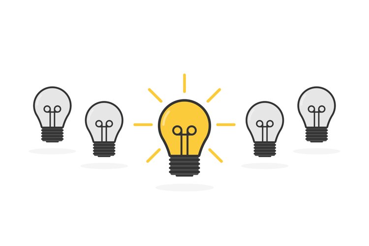Cartoon lamps. Bulb light icon - idea sign, solution. example image 1