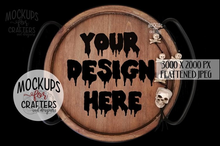 Round Wood Tray, Halloween, Black background, Mock-Up example image 1