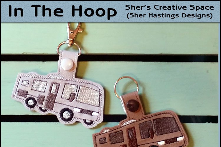 ITH Motorhome Vinyl Key Fob or Bag Tag - Snap Tab Machine Embroidery