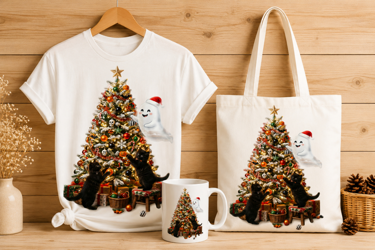 Cute Ghost and Black Kittens Decorating Christmas Tree PNG