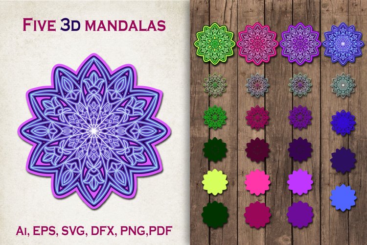 3D mandalas in five color versions.
