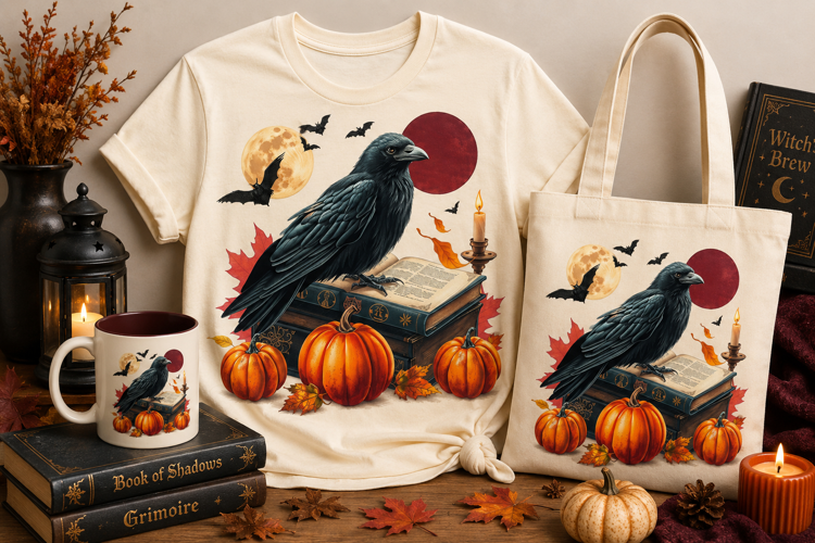 Halloween Raven PNG | Gothic Crow, Pumpkins & Moon