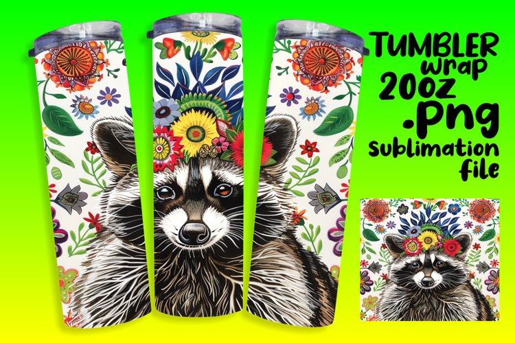 Colorful Raccoon & Flower Tumbler Wrap - 20oz example image 1