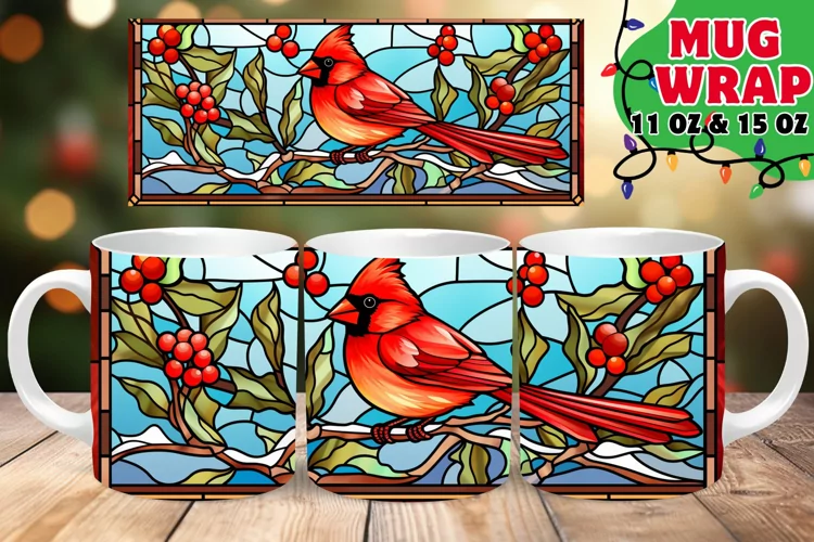 Cardinal Bird STAINED GLASS WINTER 11OZ 15OZ MUG WRAP