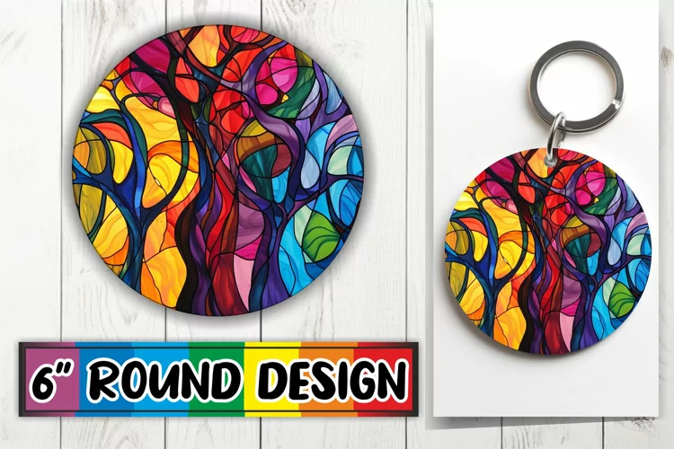 Vibrant Keychain Stained Glass Tree Round Design Art