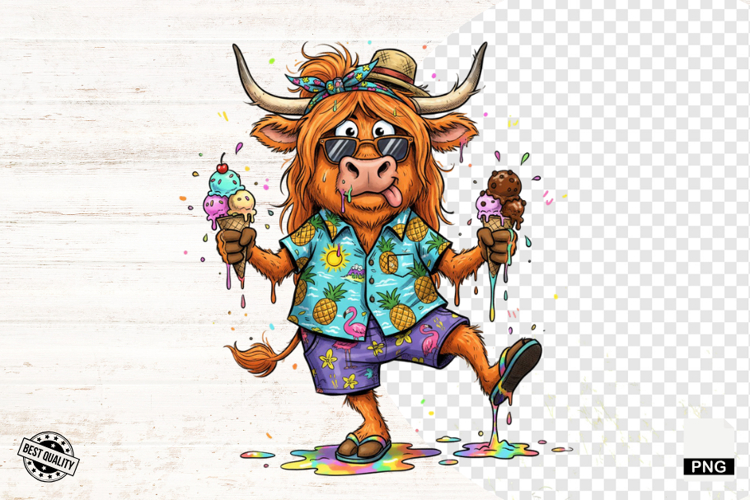 Summer Whimsical Highland Cow Clipart