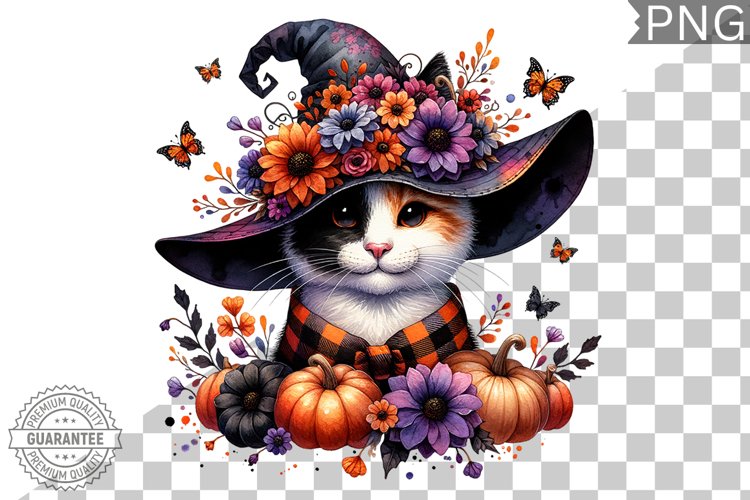 Halloween Cat Flowers Sublimation - Clipart PNG Design