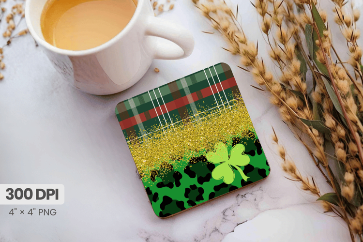 Green and Gold Leopard Glitter Square Coaster PNG Sublimatio